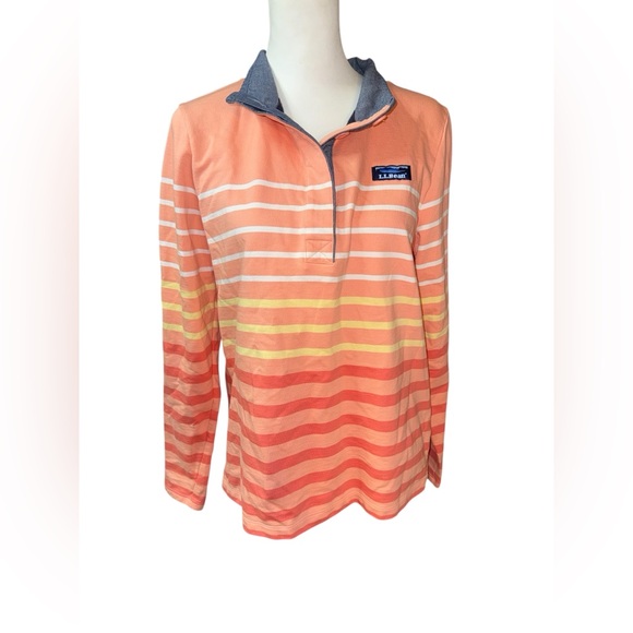 L.L. Bean Women's Soft Cotton Rugby Henley Collar Long Sleeve Orange White Sz M - Picture 2 of 11